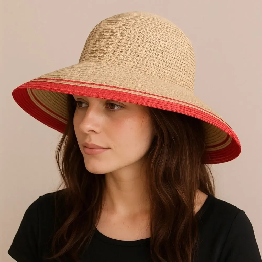 Betmar New York Paper Poly Blend Red Stripe Trim Wide Brim Bell Shape Sun Hat